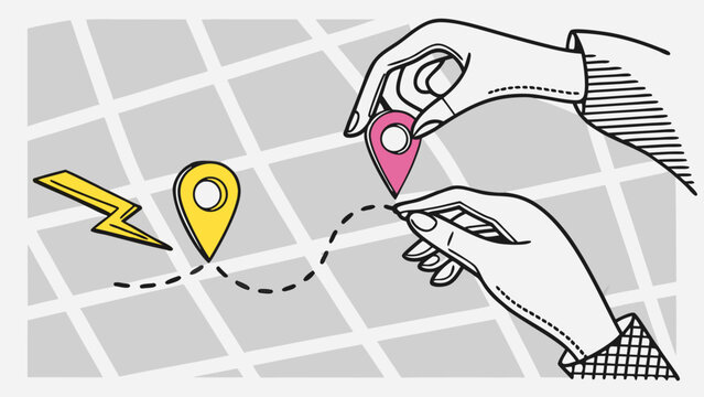 Illustration of Hands Planning a Route on a Map with Location Pins and a Lightning Bolt Symbol.