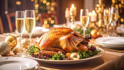 Festive Holiday Dinner with Roast Turkey and Champagne