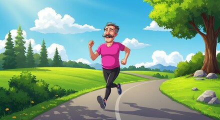 Smiling man jogging in scenic landscape illustration