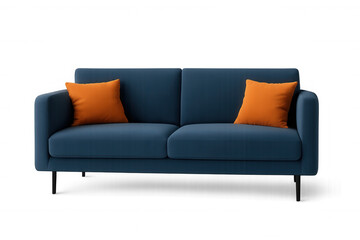 Comfortable blue sofa with two orange pillows isolated on transparent background, perfect for interior design projects