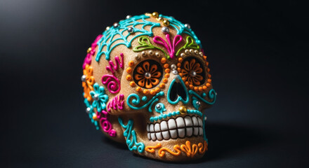 Decorated sugar skull with vibrant icing and metallic accents on a dark background creating a festive display
