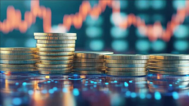 Gold coins on stock market chart with graphs and financial news ticker.