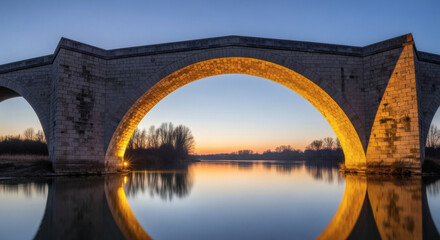 Fototapeta premium Stone bridge arches reflected in calm water at sunset with trees in the background and blue sky above