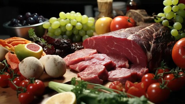 An array of fresh meats and vegetables arranged for display or preparation.