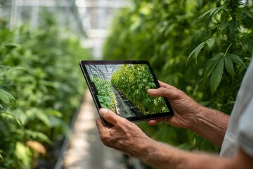Person Holding Tablet Displaying Cannabis Greenhouse Image