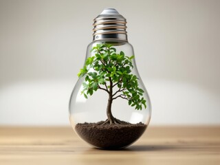 Light bulb filled with a miniature tree, eco innovation concept.