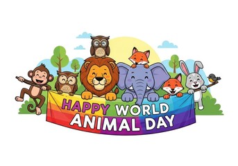 Colorful Cartoon Animals Holding Banner Celebrating World Animal Day for Kids and Education
