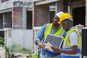 An experienced construction foreman mentors a young apprentice on a building site. The senior...
