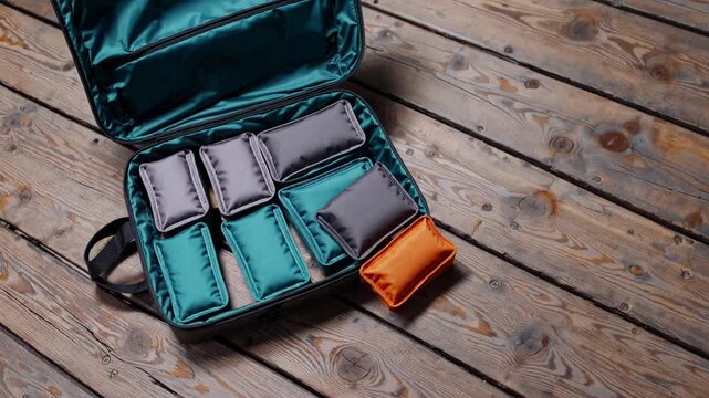 Open protective case with foam inserts lying on a wooden surface, showcasing its organization and protection capabilities for delicate items