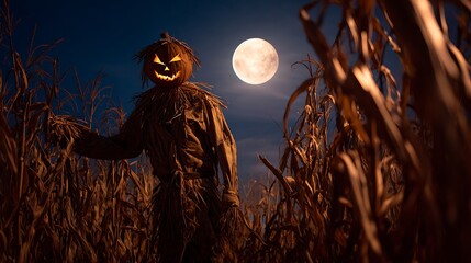 Scarecrow with pumpkin head stands in cornfield under full moon on halloween night creating spooky scene halloween art