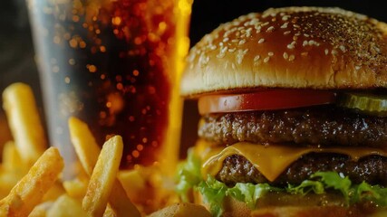 A close-up view of a gourmet cheeseburger with onion rings, served with french fries. The vibrant colors and the detailed presentation suggest a high-quality meal at a restaurant. - Powered by Adobe