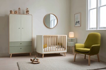 Nursery with pale wardrobe, crib, and armchair