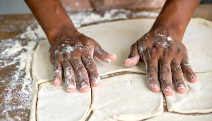Close-up of flour-dusted hands pressing and working fresh dough on a wooden table, preparing homemade pastry or bread. Captures the essence of baking.
