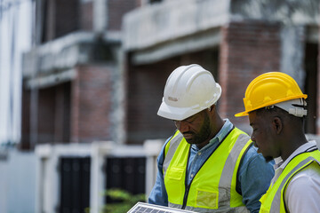 Engineers review a photovoltaic panel for a green certified building project. A concept for sustainable construction, energy efficiency, and achieving net-zero home standards.