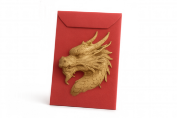 Red envelope decorated with golden dragon celebrating chinese new year, isolated on transparent background