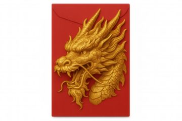 Golden dragon embossed on red envelope representing lunar new year prosperity, resting against transparent backdrop with cultural significance