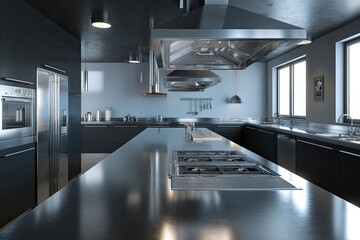 Modern, spacious commercial kitchen with stainless steel appliances and counters