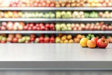 Apples and Apricots on Counter with Blurred Produce Aisle Background