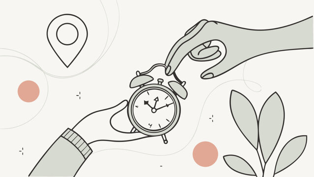 Hand exchanging an alarm clock minimalist illustration appointment scheduling time management concept.
