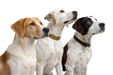 Three Alert Dogs Looking Up with Focused Expression on Black Background in a Studio Setting Capturing Canine Curiosity and Attention Showing Loyalty and Friendship between Pets