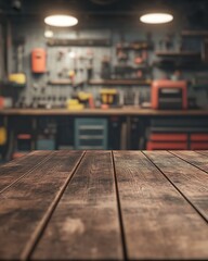 Dark Wood Tabletop with Blurred Workshop Background