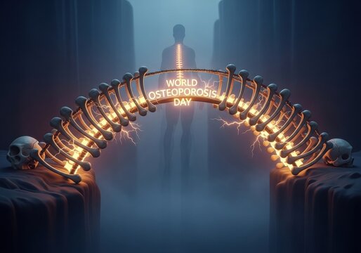 Illuminated Human Spine Skeleton with Skull on Dark Stage for World Osteoporosis Day