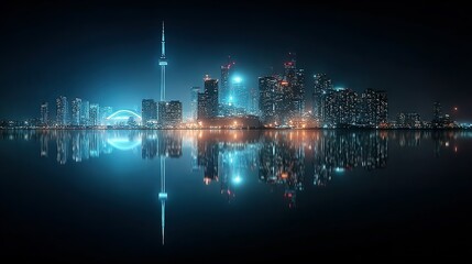 Fototapeta premium City skyline at night with lights reflecting on water.