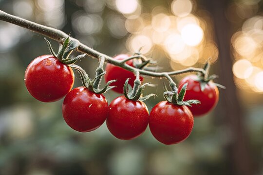 Fresh, vibrant red cherry tomatoes on a branch, bathed in warm sunlight