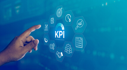 Obraz premium KPI dashboard visualization with business performance metrics, target tracking, financial analysis, and strategic management icons for monitoring and improving organizational goals