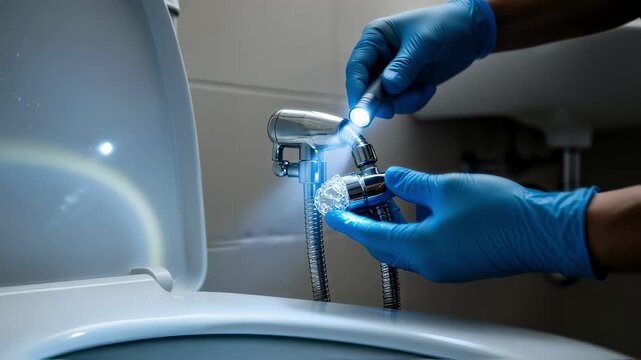 Final inspection of bidet attachment leak test on toilet highlighting attention to detail and quality assurance in DIY installation process.