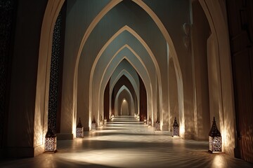 Obraz premium Long, arched hallway with lanterns