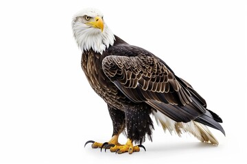Obraz premium Majestic bald eagle standing, wings folded, isolated on pure white background.