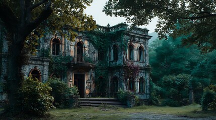 Obraz premium Overgrown mansion with vines and trees surrounding the decaying facade in a moody outdoor scene halloween art