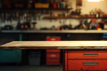 Rusty Metal Workbench with Red Cabinet in Workshop Setting