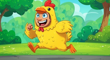 Animated character running in chicken costume in park