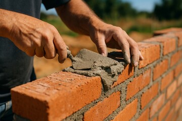 Close-up of a mason's bare hands applying mortar with a trowel to lay red bricks on an outdoor construction site.