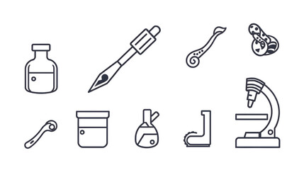 Obraz premium Snake Research Icons. Outline icon set of snake research equipment: antivenom vial, venom extraction tool, lab slide, microscope,