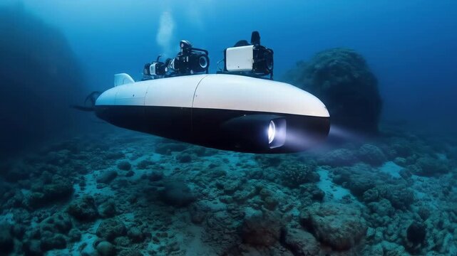 Underwater exploration vehicle navigates a rocky ocean floor Clear blue water reveals marine environment A small submersible equipped with lights journeys below