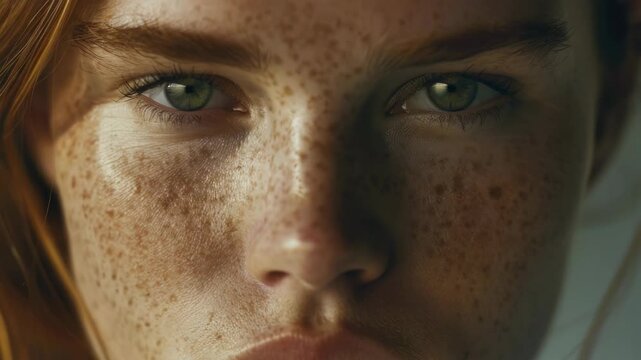Portrait of a woman with distinctive freckles, showcasing her fair complexion and red hair. Her intense gaze makes direct eye contact with the viewer.