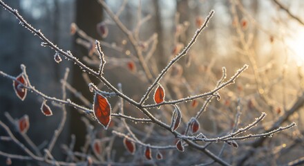 霜降り葉 温かい冬日差し 木漏れ日幻想的. AI Generated