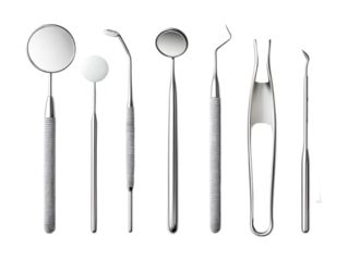 Professional dental instruments arranged for a clean, sterile, and medical-grade examination environment