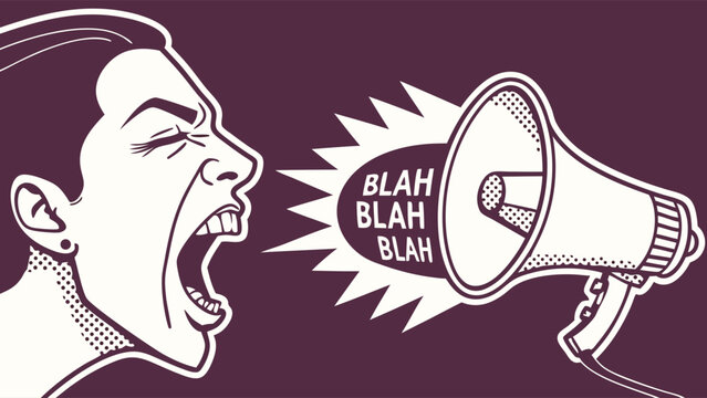 Vintage illustration of a person shouting into a megaphone announcement communication protest public speaking.