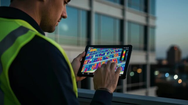 Energy auditor analyzing thermal infrared data on fa&ccedil;ade surfaces pinpointing inefficiencies in window seals and cladding.