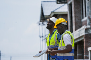 Black professionals collaborating on a renewable energy project. A senior engineer and his partner from a Black owned business discuss a solar installation, representing diversity in tech.