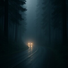 Car Lights on a Foggy Forest Road