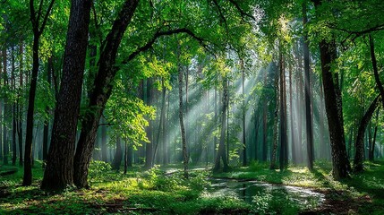Obraz premium Forest scene with sunlight streaming through trees creating a bright serene atmosphere.