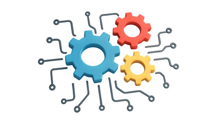Abstract 3D Gear Icons Connected with Circuit Lines PNG