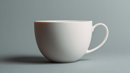 a single smooth white ceramic cup centered on matte pale grey background, subtle lighting for soft shadows, clean minimal composition with ample space