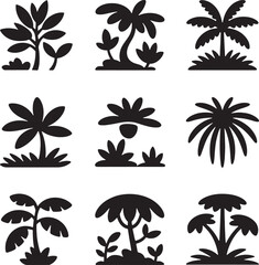Black Silhouette Tropical Palm Trees and Plants on White Background