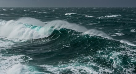 Naklejka premium 荒波激しく砕ける海 深い緑色と白波の対比が美しい. AI Generated